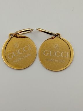 Gucci Gold Round White Logo Drop Earrings AUTHENTIC